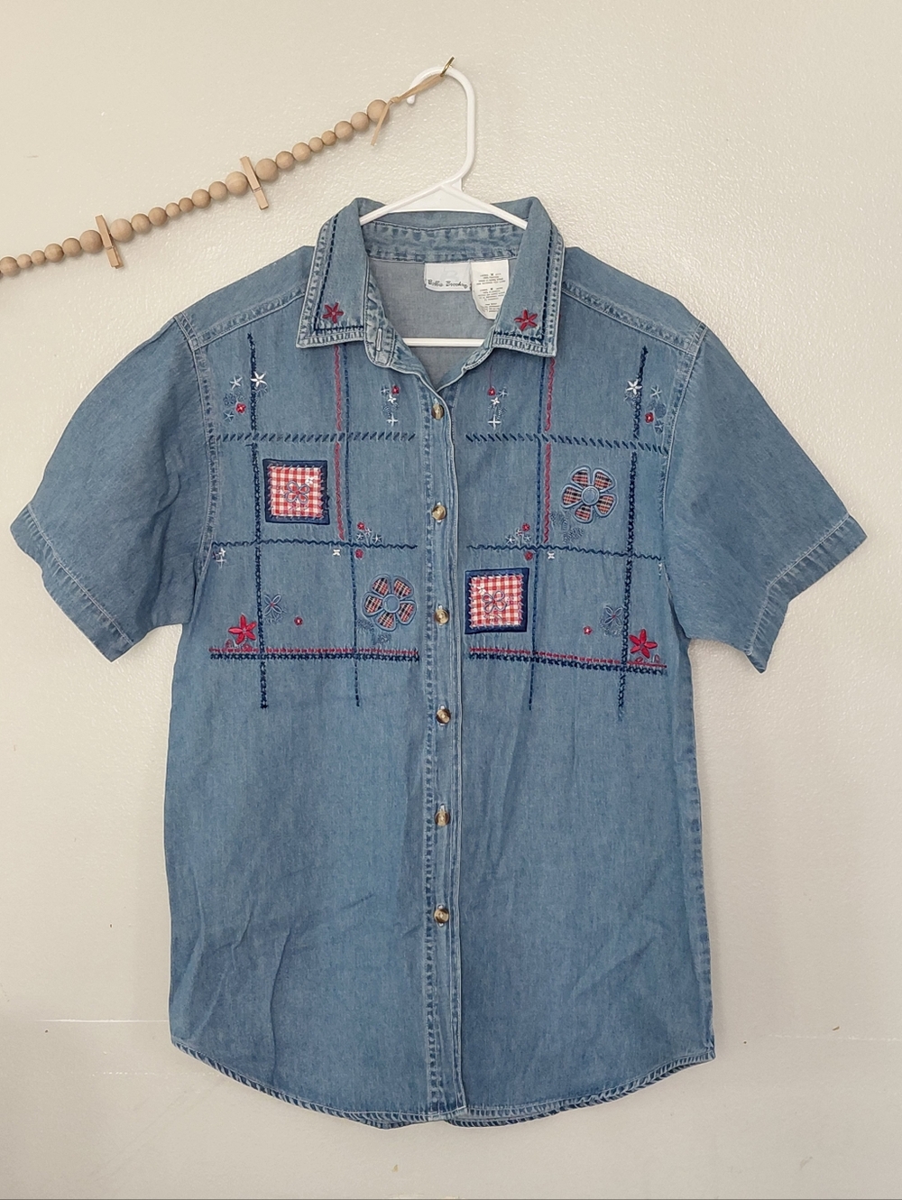 Bobbie Brooks VTG Denim Patriotic Button Down Short Sleeve Top Size M